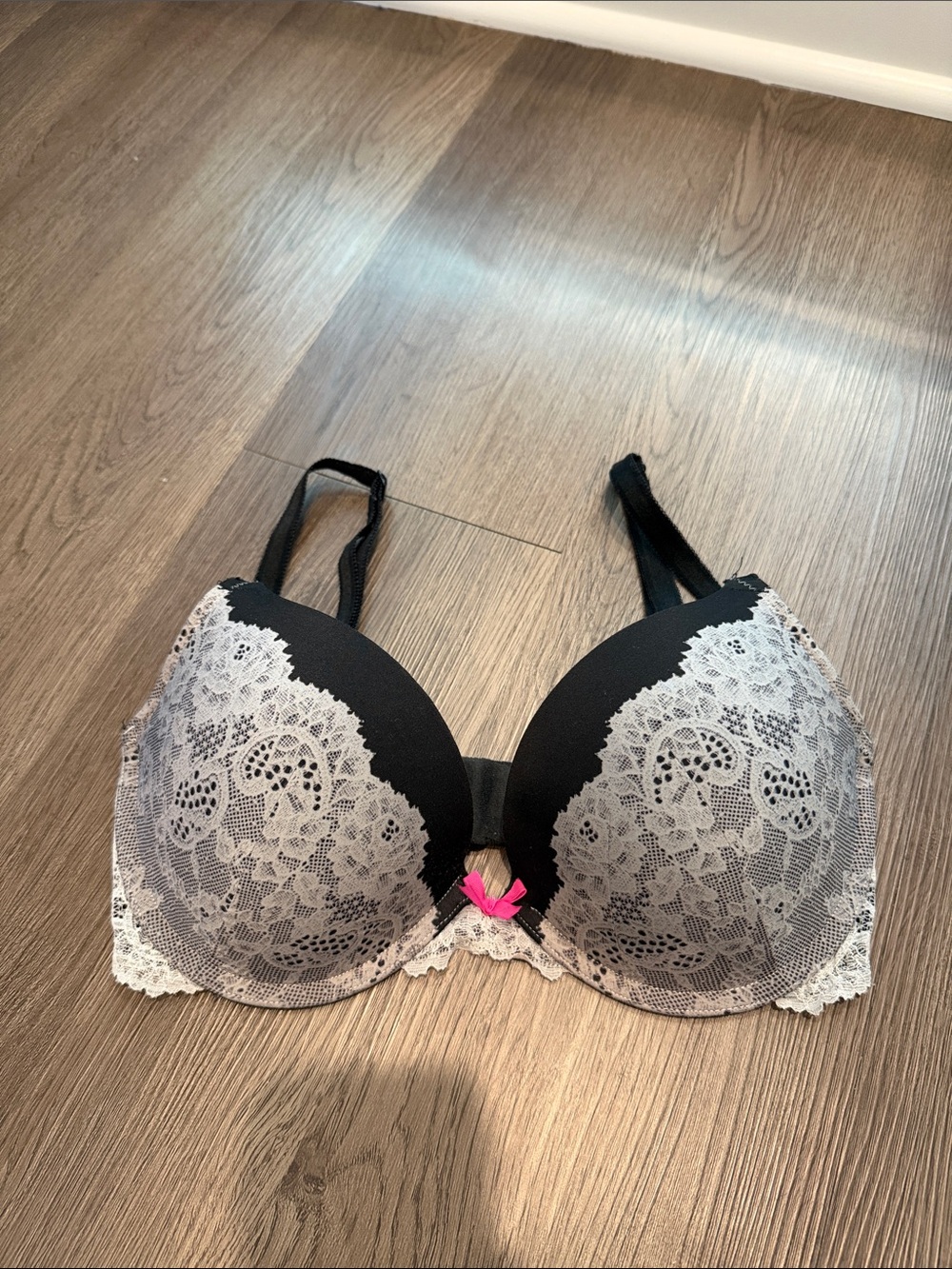 Victoria's Secret Black Bra with White Lace and Pink Accent